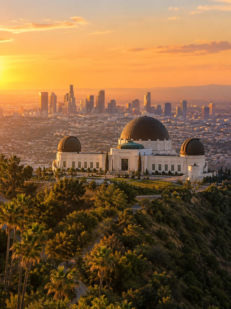 Un observatoire art déco blanc avec des dômes au sommet d'une colline au-dessus de Los Angeles à l'heure dorée