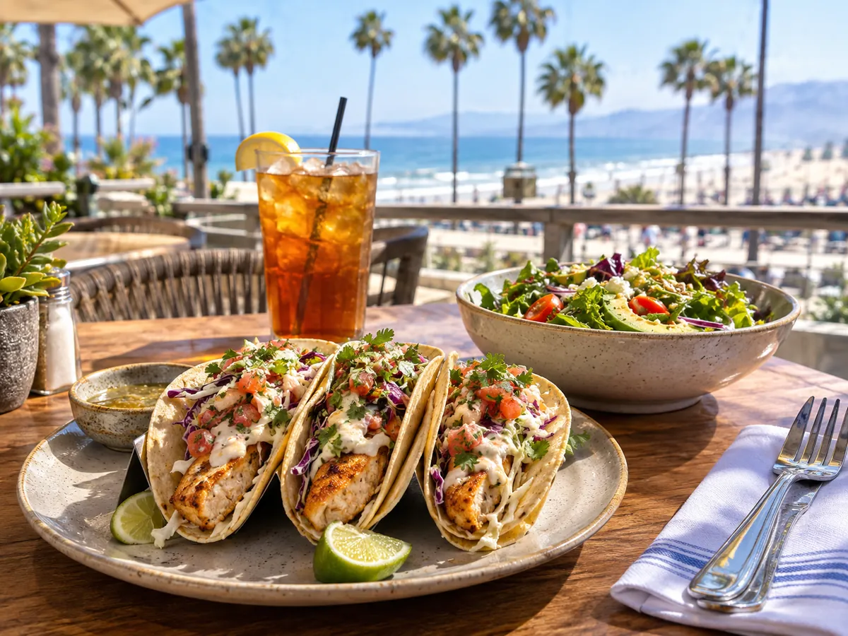 Des tacos au poisson, une salade et un thé glacé sur une terrasse ensoleillée près de la plage