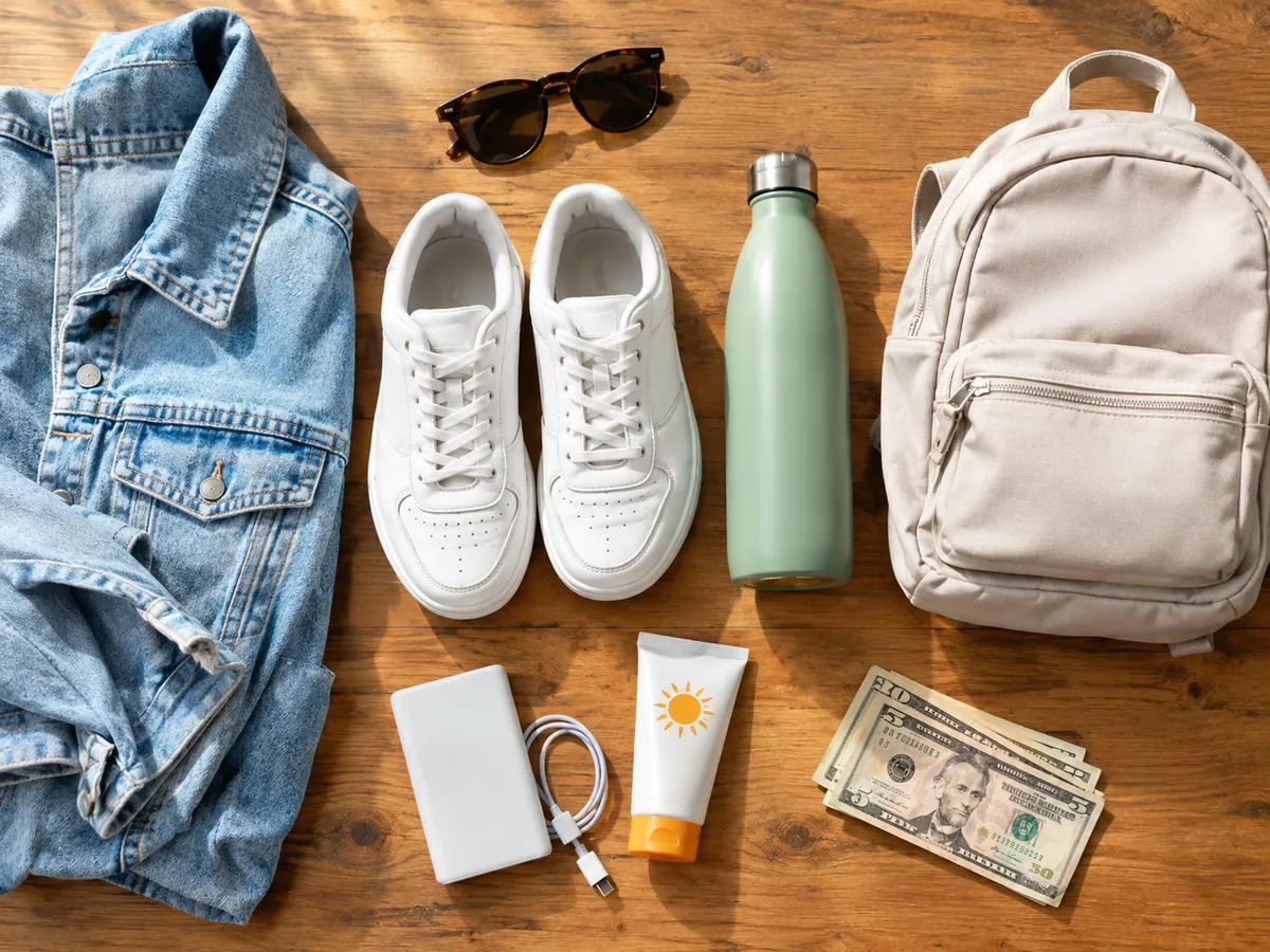 Des baskets, des lunettes de soleil, une veste en jean, une bouteille d'eau, une batterie externe et de la crème solaire sur une table en bois